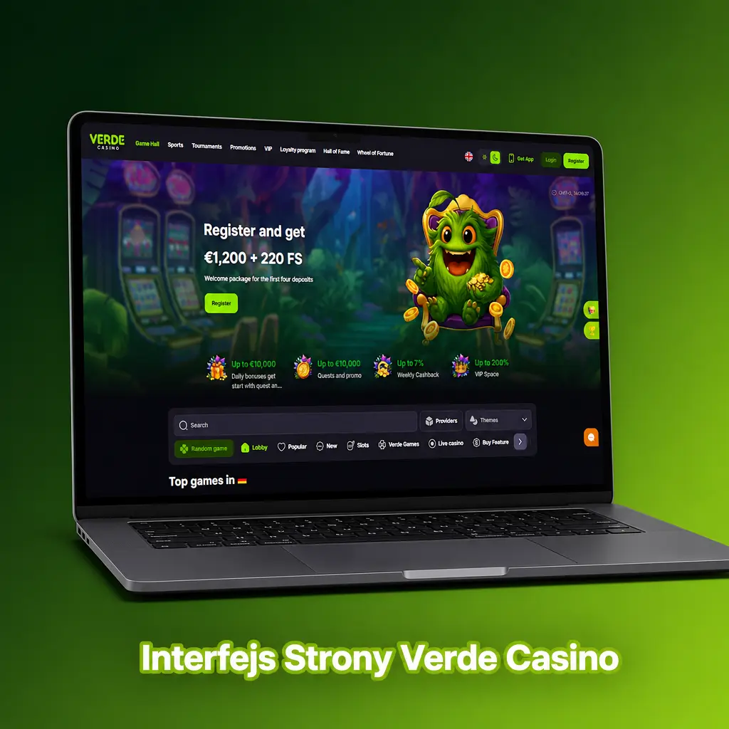 Interfejs strony Verde Casino z górnym menu nawigacji, przyciskami logowania i filtrami gier kasynowych.