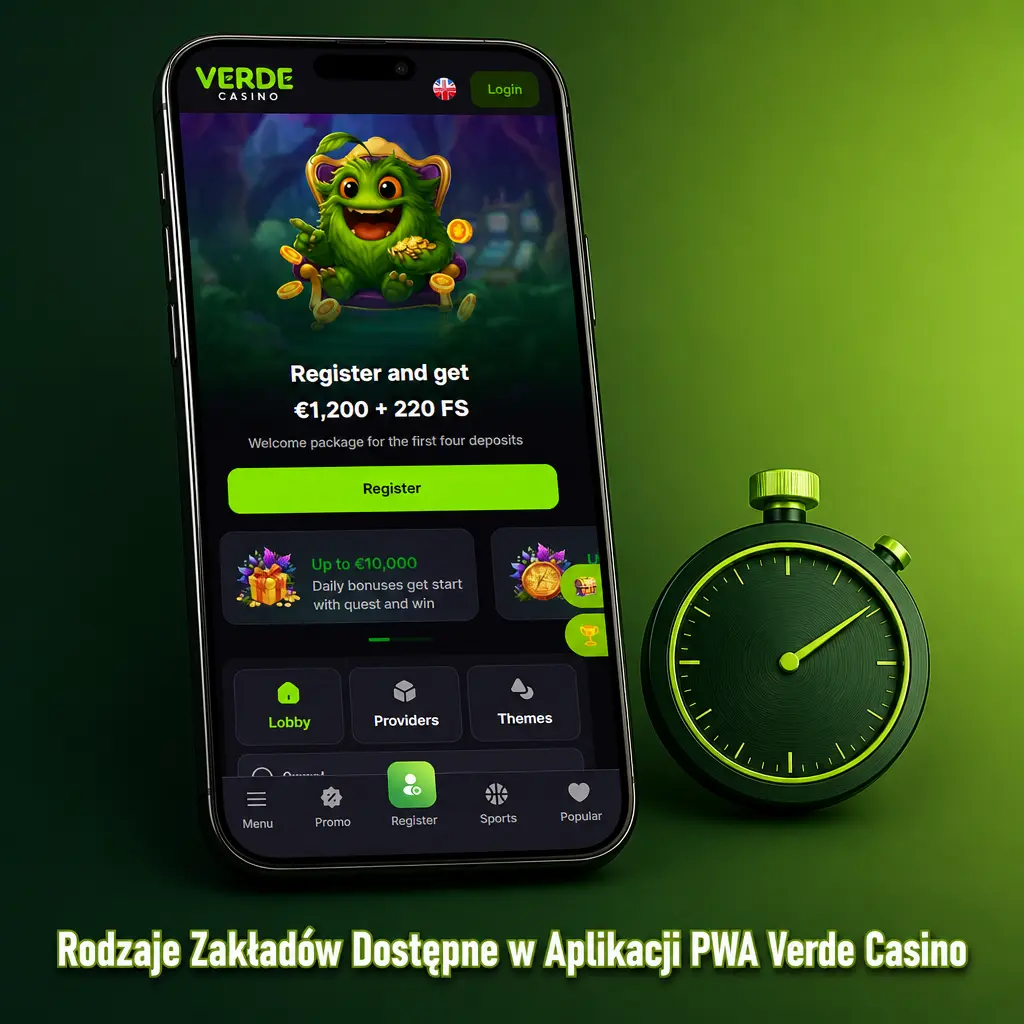 Rodzaje zakładów w aplikacji PWA Verde Casino: pojedynczy, AKO, na żywo, systemowy oraz opcja Cash Out.