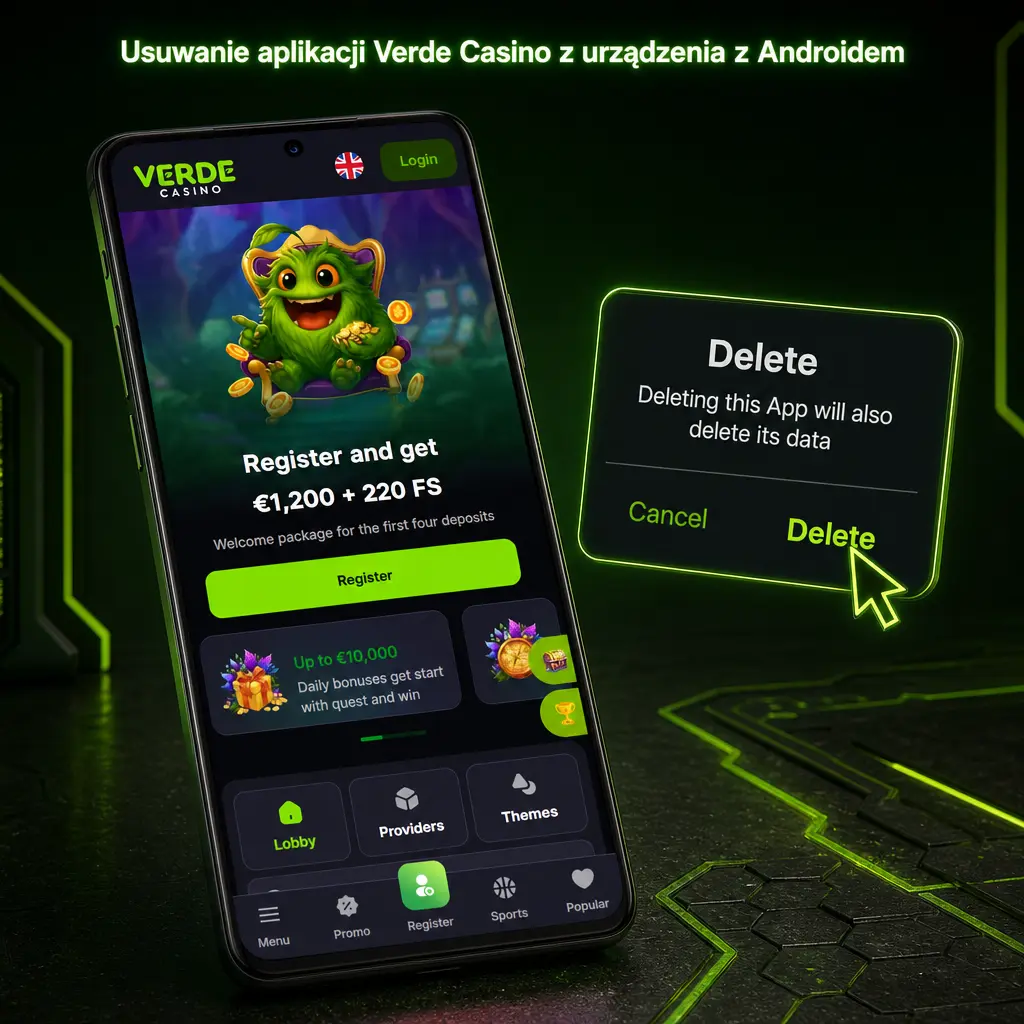Usuwanie aplikacji Verde Casino z telefonu z Androidem poprzez odinstalowanie ikony z ekranu głównego