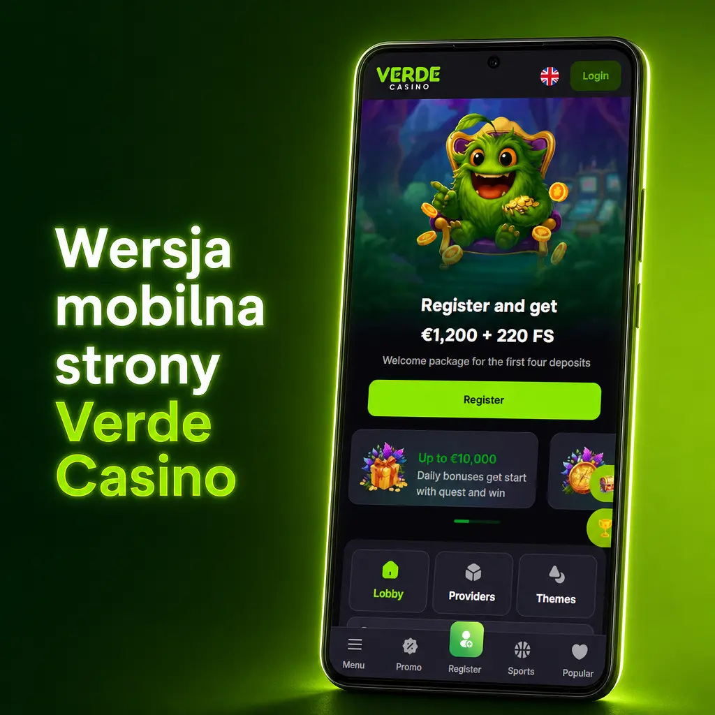 Mobilna wersja strony Verde Casino z zakładami sportowymi, kasynem na żywo i automatami